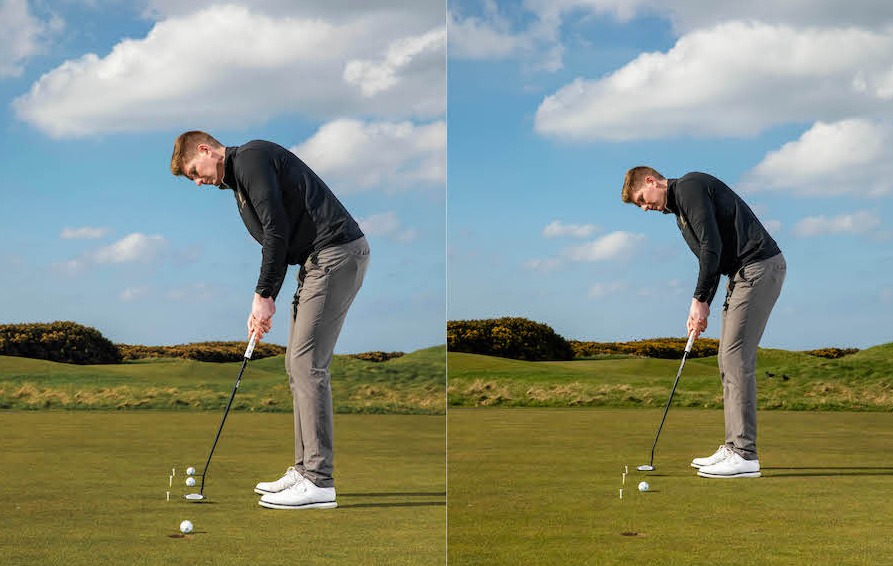 Golfer practicing distance control with ladder putting drill